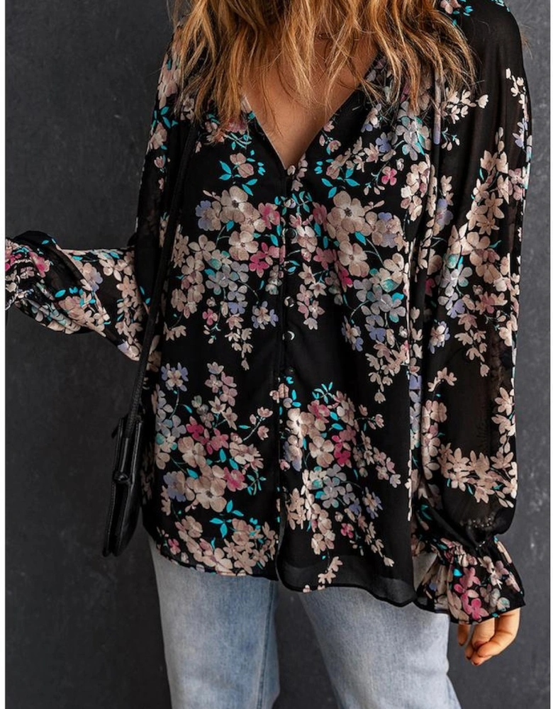 Black Wildflower Print Chiffon Blouse