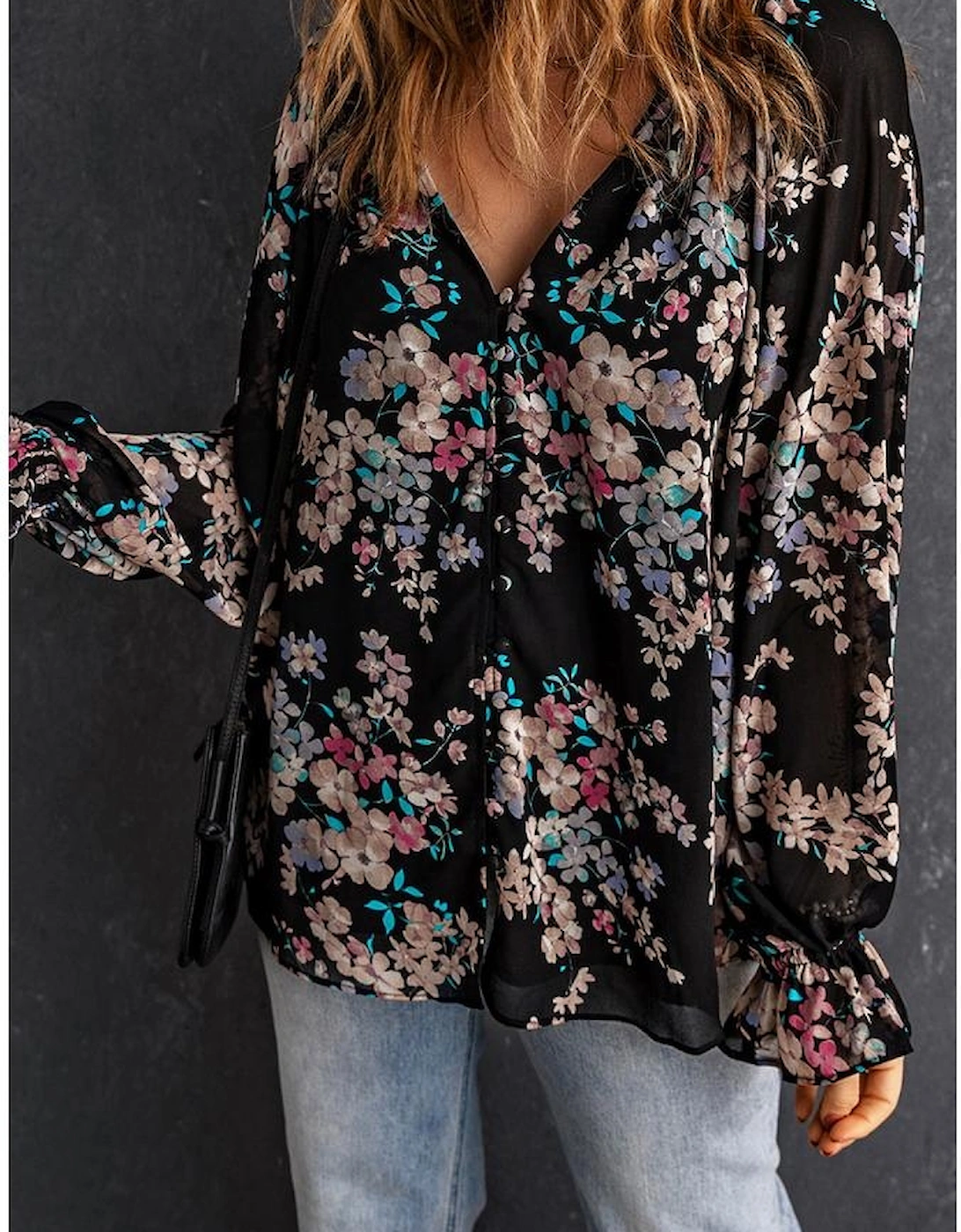 Black Wildflower Print Chiffon Blouse