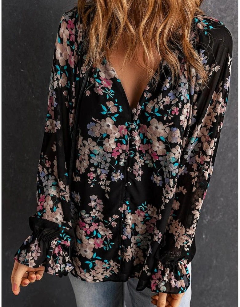 Black Wildflower Print Chiffon Blouse