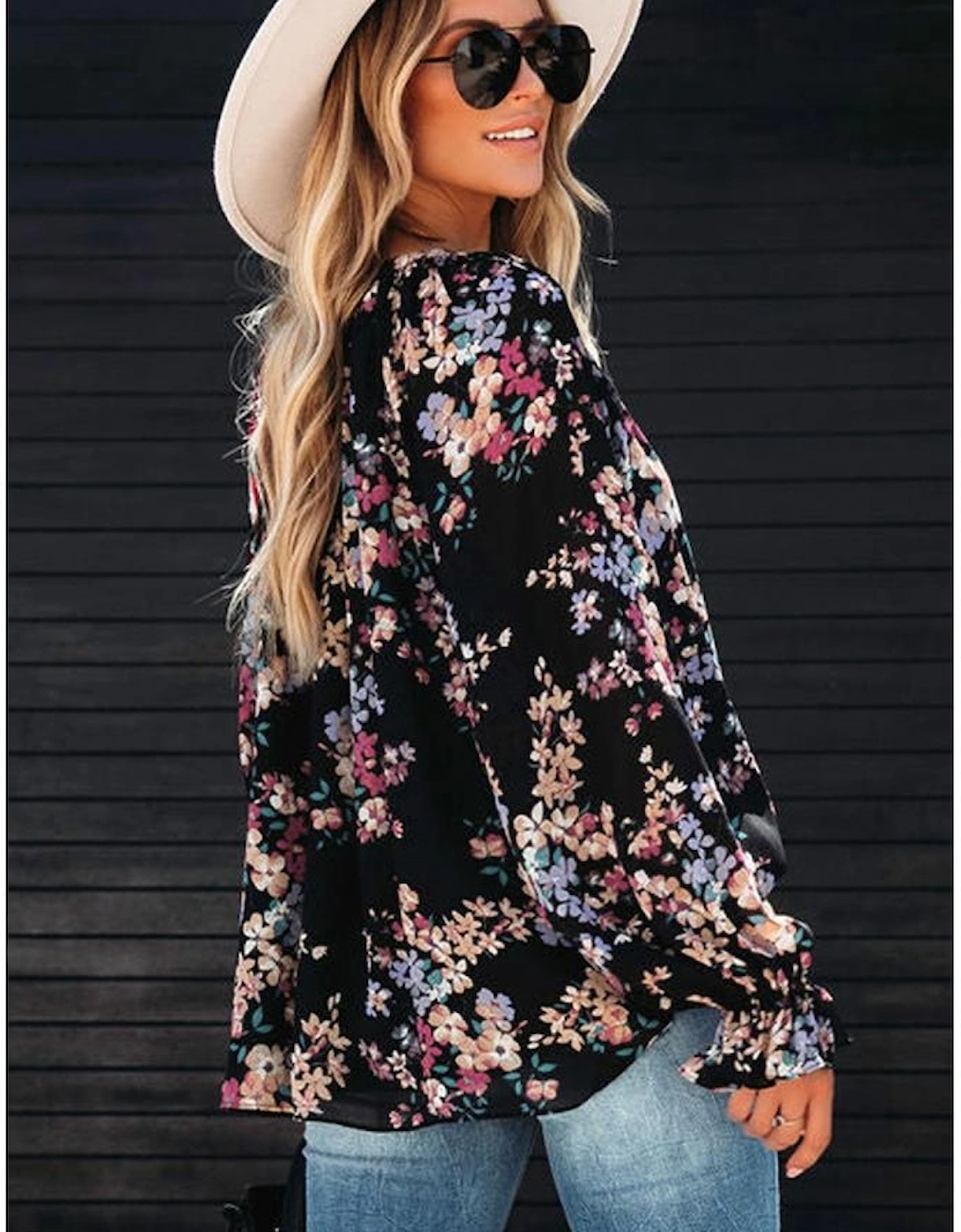 Black Wildflower Print Chiffon Blouse