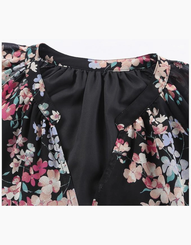 Black Wildflower Print Chiffon Blouse