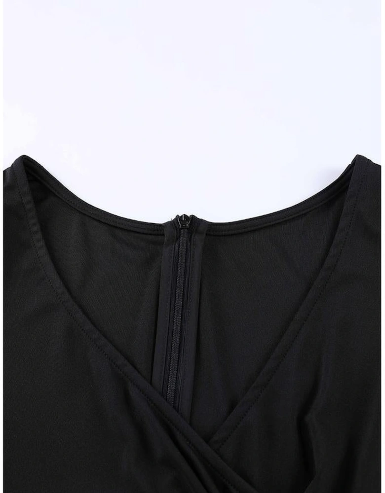 Black Ruffled Sleeve Wrap V Neck Midi Dress