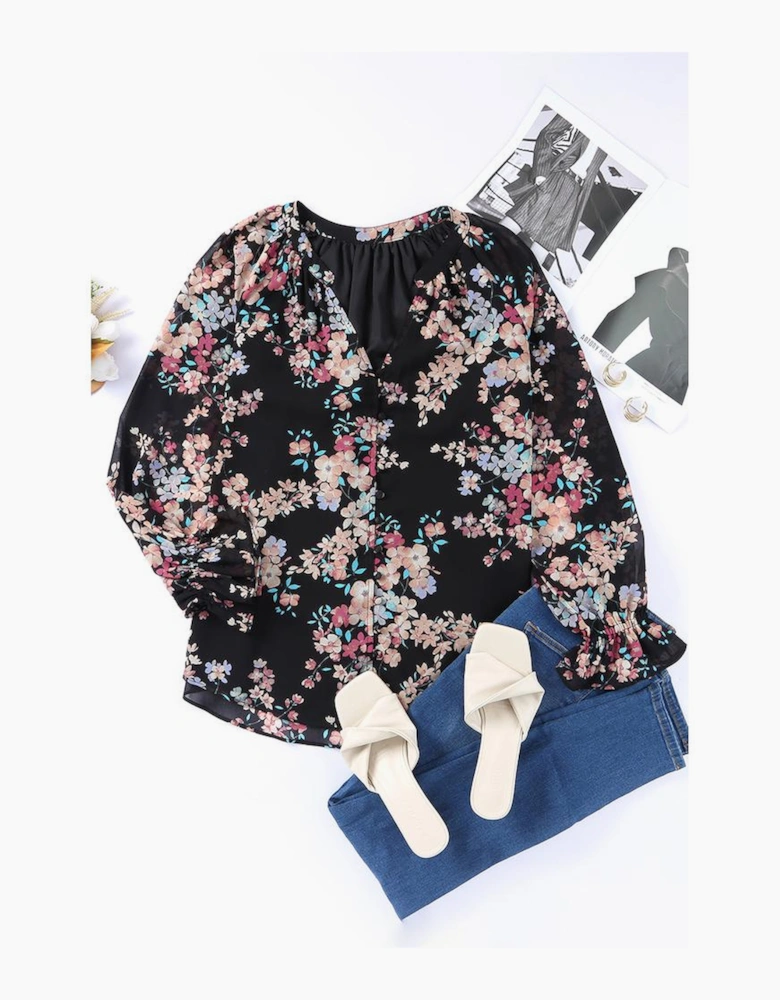 Black Wildflower Print Chiffon Blouse