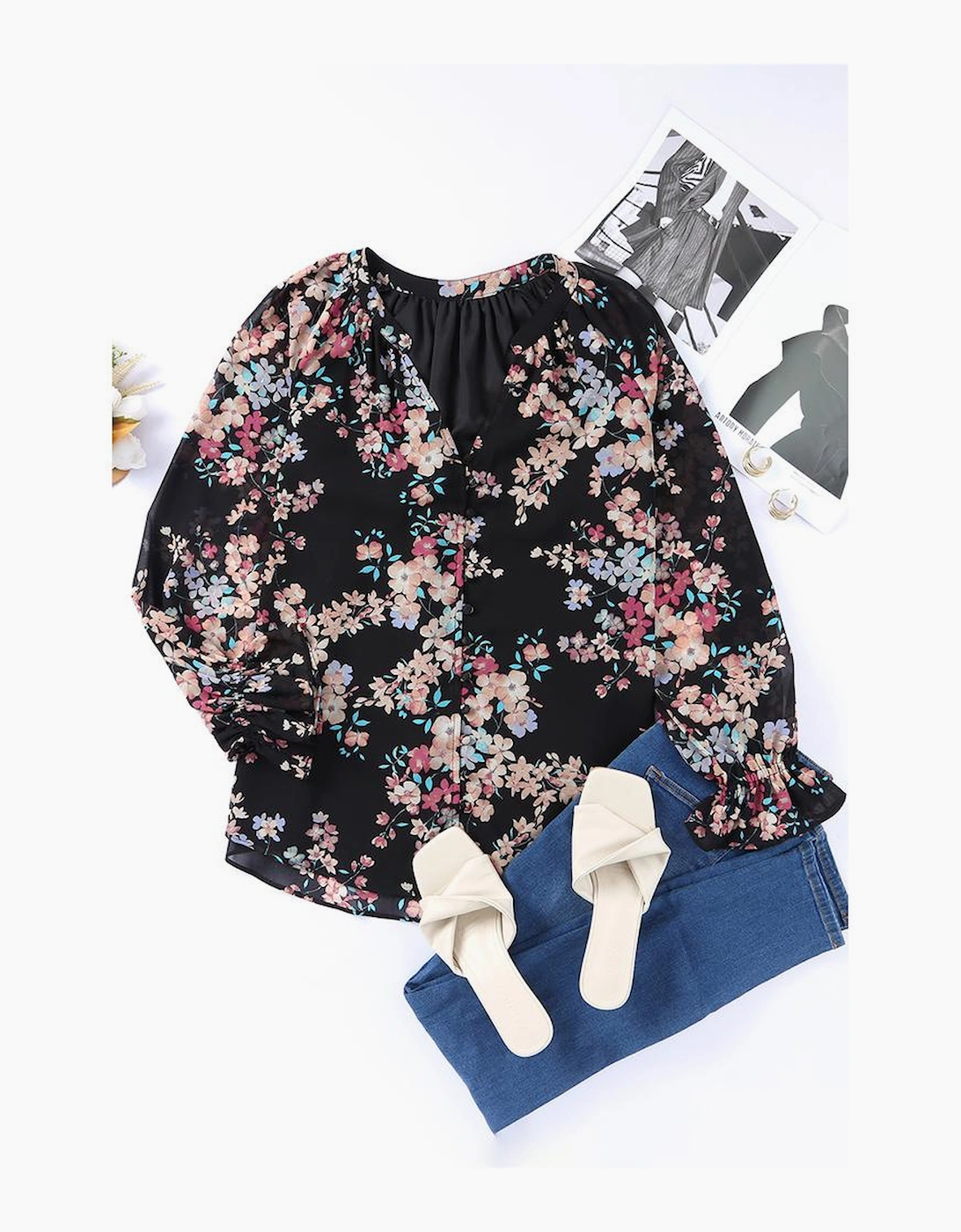 Black Wildflower Print Chiffon Blouse