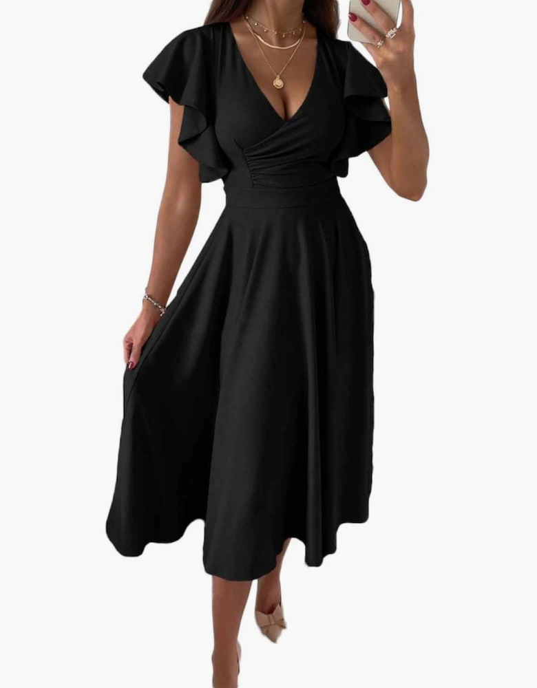 Black Ruffled Sleeve Wrap V Neck Midi Dress