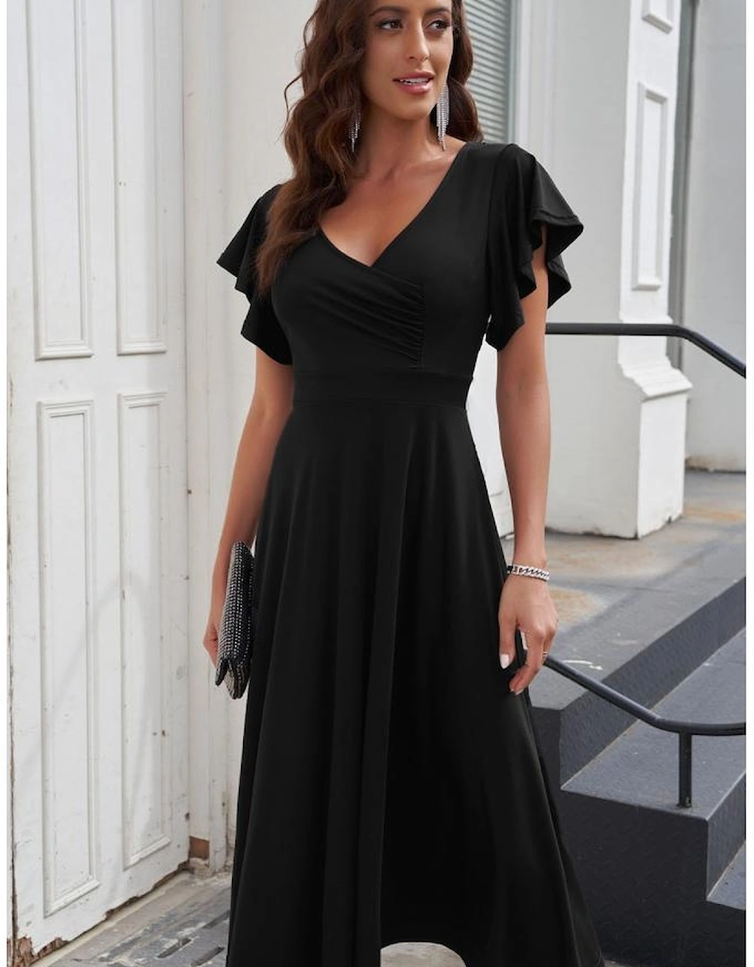 Black Ruffled Sleeve Wrap V Neck Midi Dress