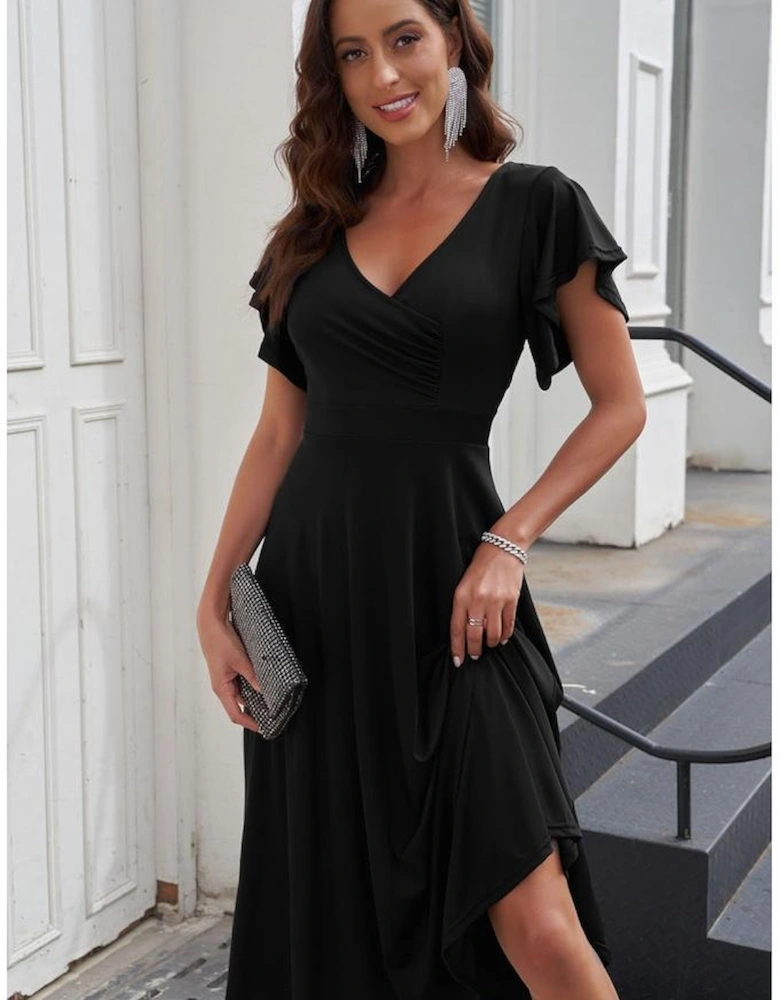 Black Ruffled Sleeve Wrap V Neck Midi Dress