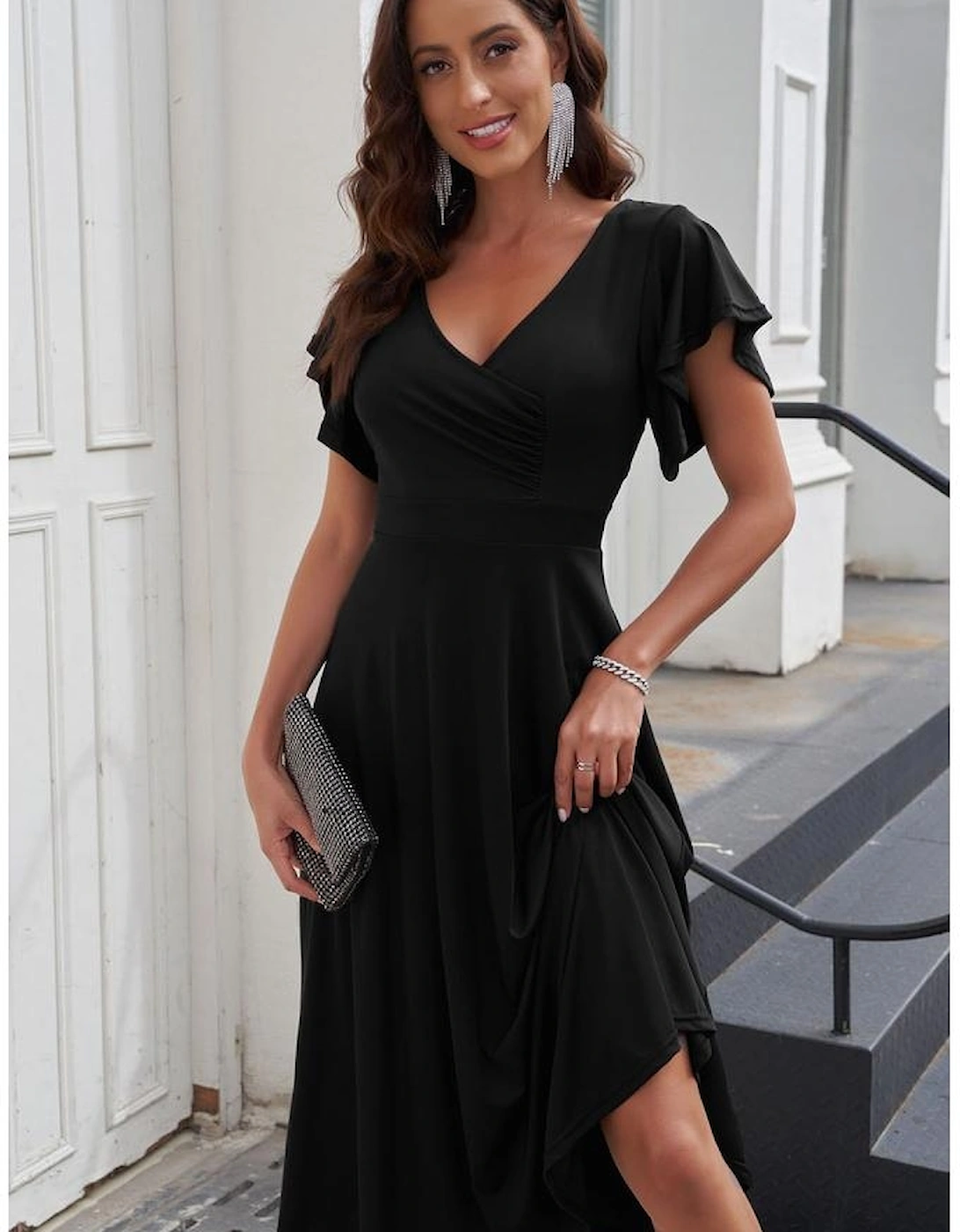 Black Ruffled Sleeve Wrap V Neck Midi Dress