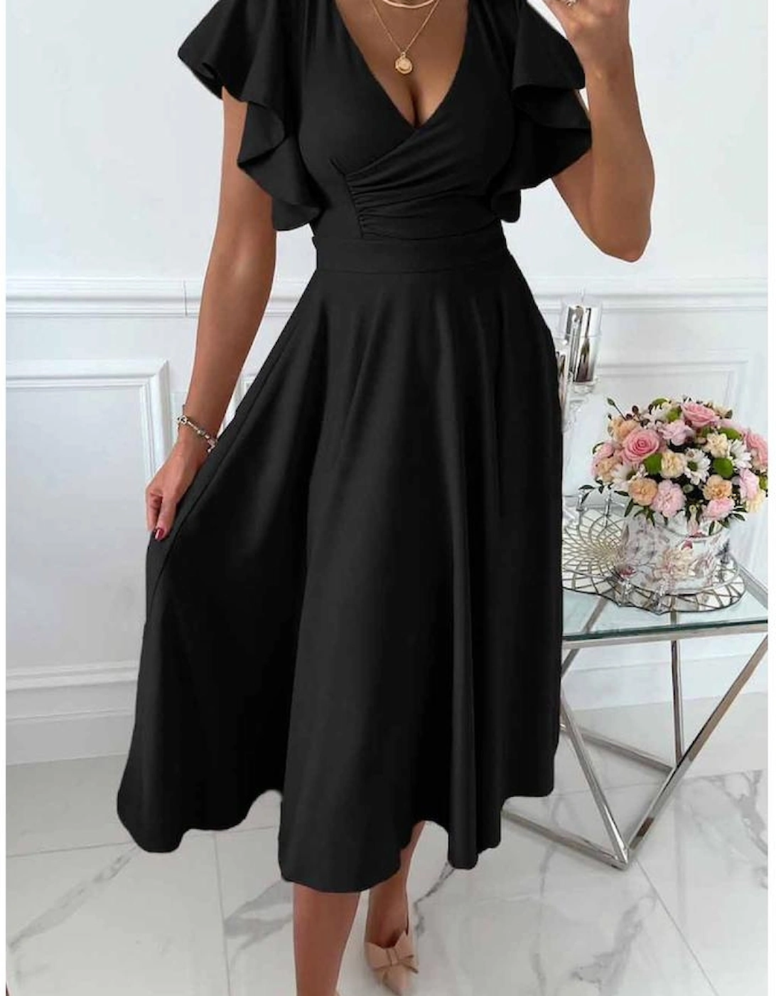 Black Ruffled Sleeve Wrap V Neck Midi Dress