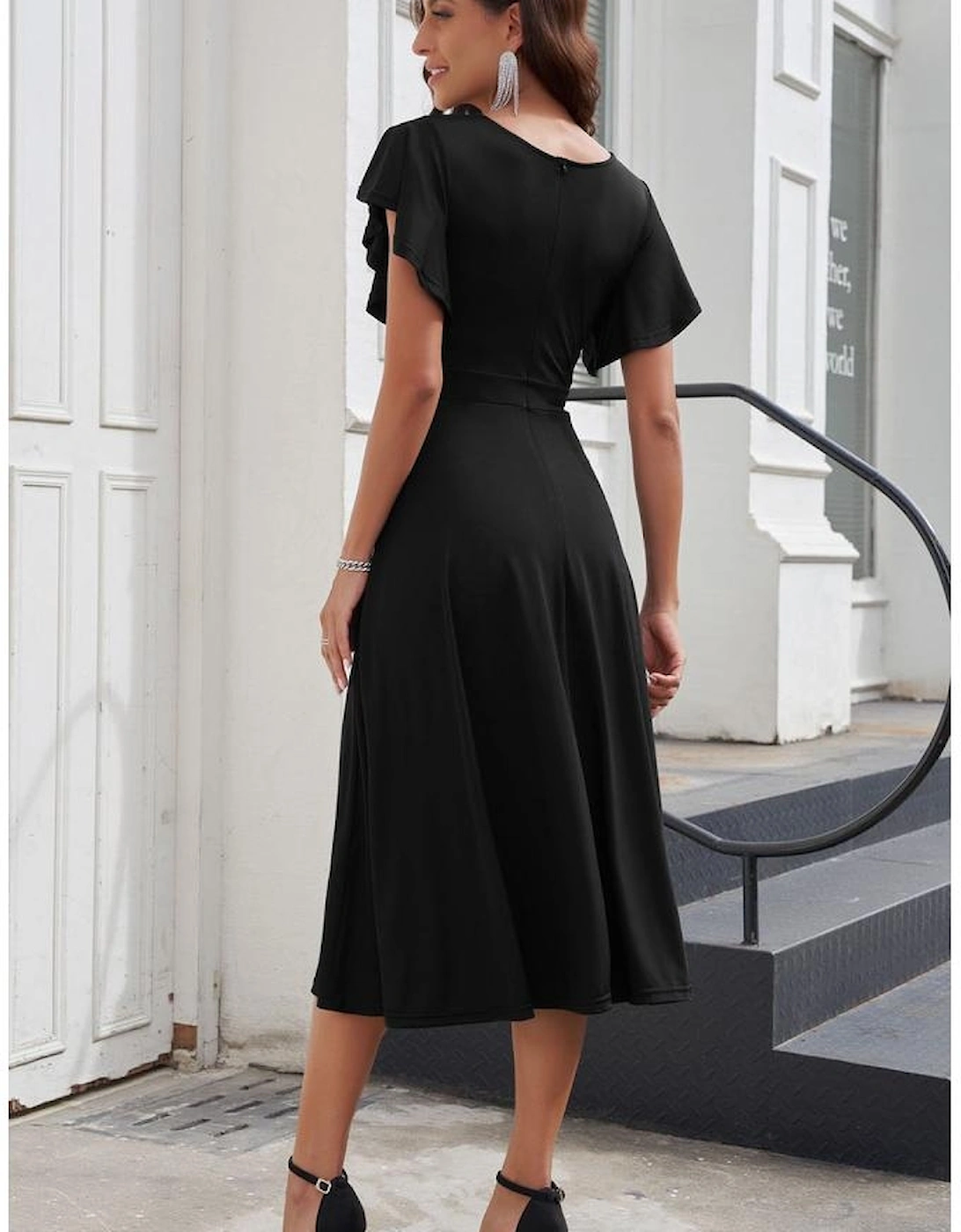 Black Ruffled Sleeve Wrap V Neck Midi Dress