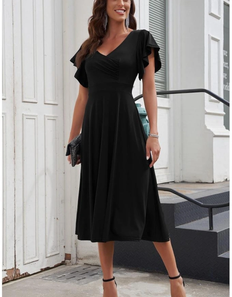 Black Ruffled Sleeve Wrap V Neck Midi Dress