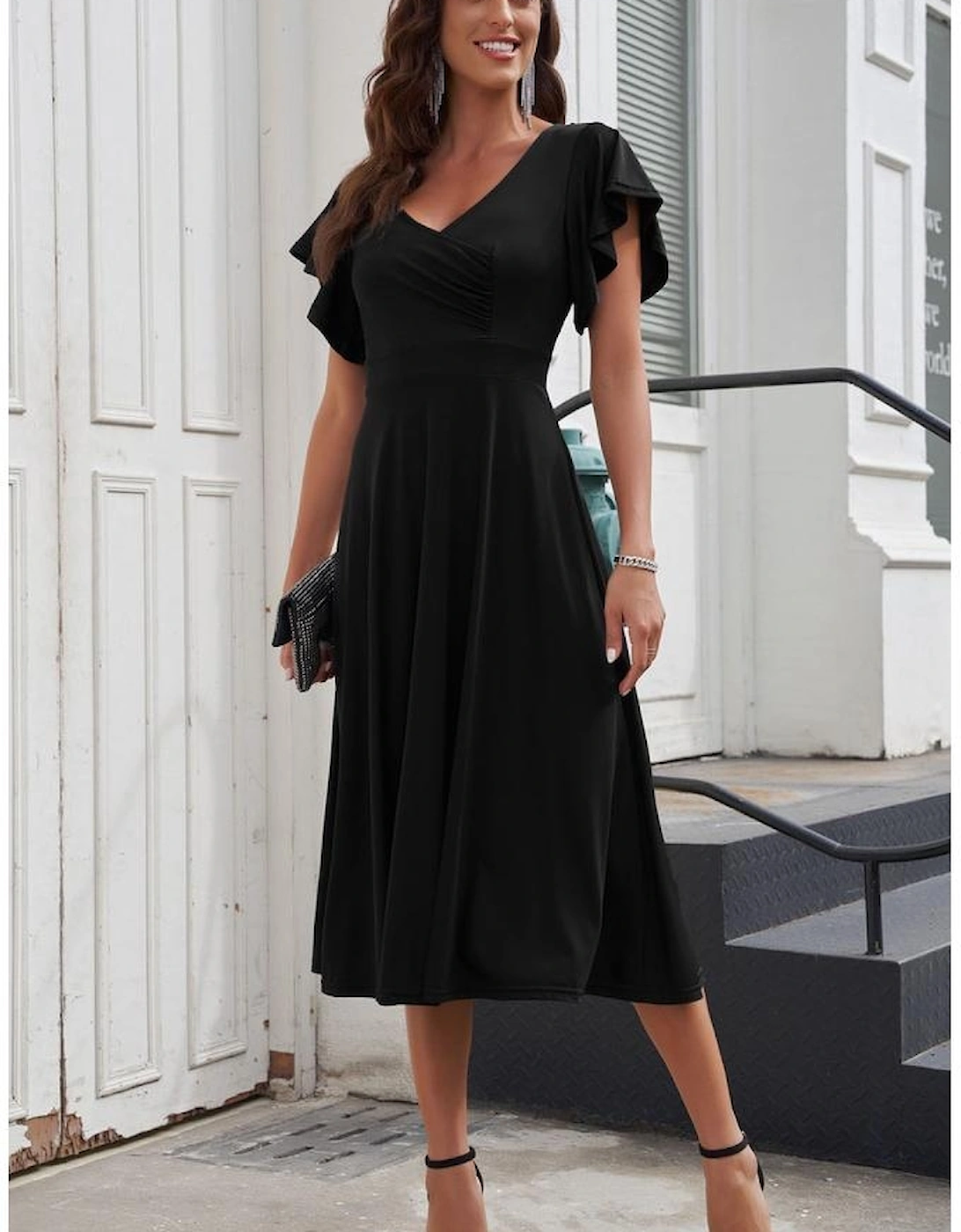 Black Ruffled Sleeve Wrap V Neck Midi Dress