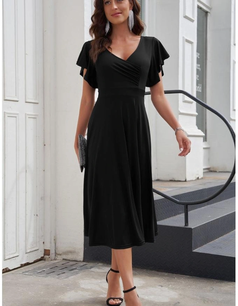 Black Ruffled Sleeve Wrap V Neck Midi Dress