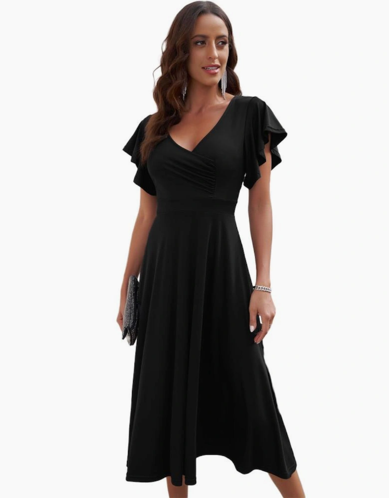 Black Ruffled Sleeve Wrap V Neck Midi Dress