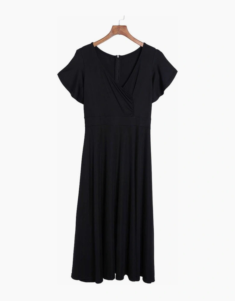 Black Ruffled Sleeve Wrap V Neck Midi Dress