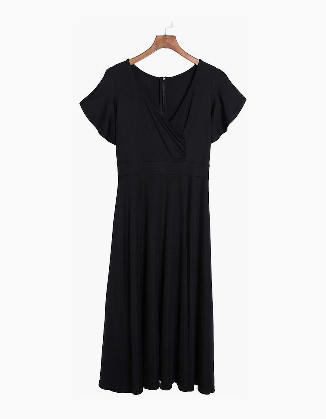 Black Ruffled Sleeve Wrap V Neck Midi Dress