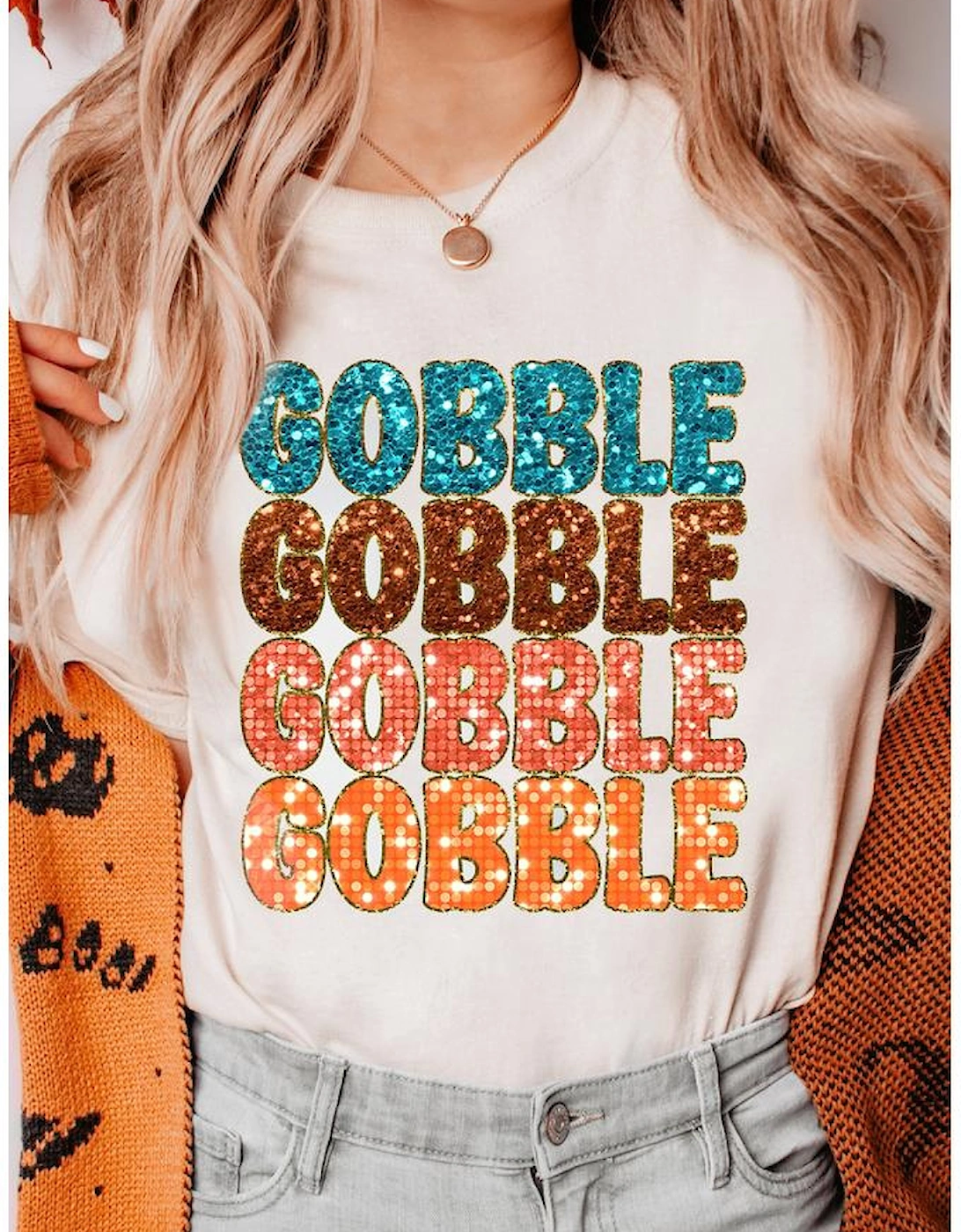 White Heat Transfer GOBBLE Graphic Crewneck Thanksgiving T Shirt