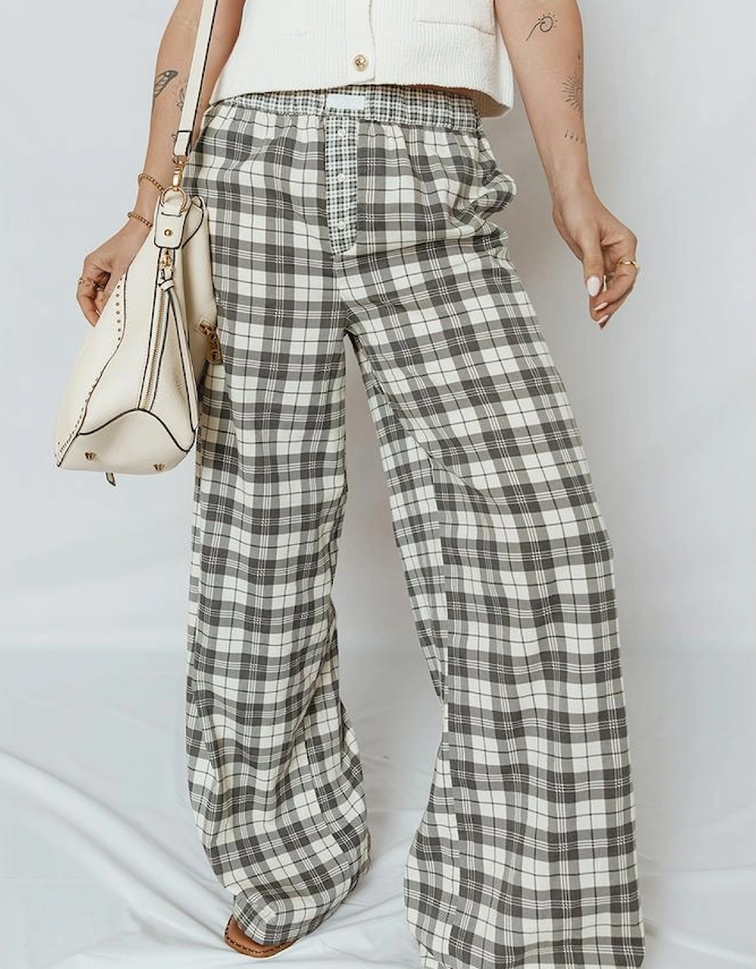 Gray Plaid Wide Leg Casual Pants