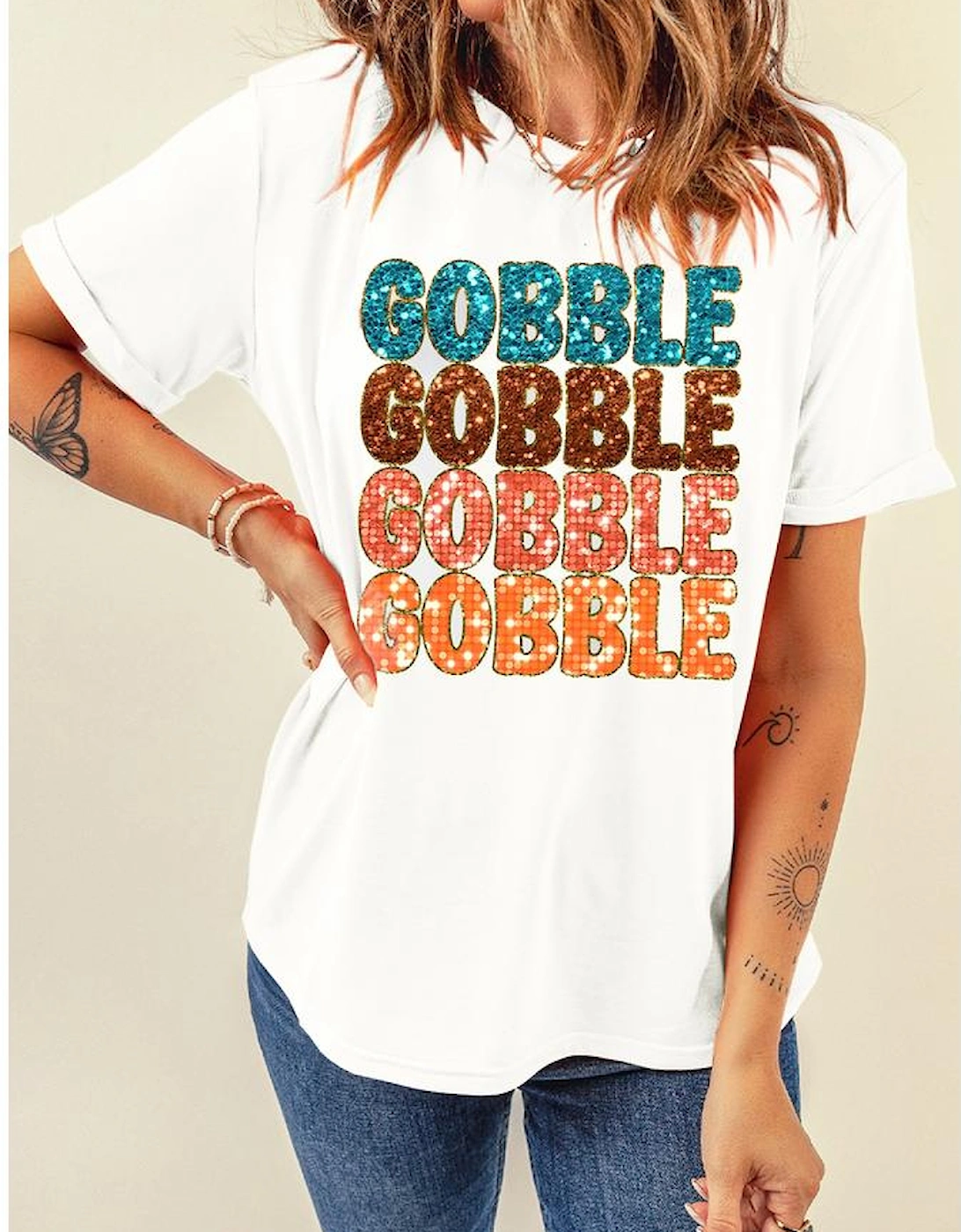White Heat Transfer GOBBLE Graphic Crewneck Thanksgiving T Shirt