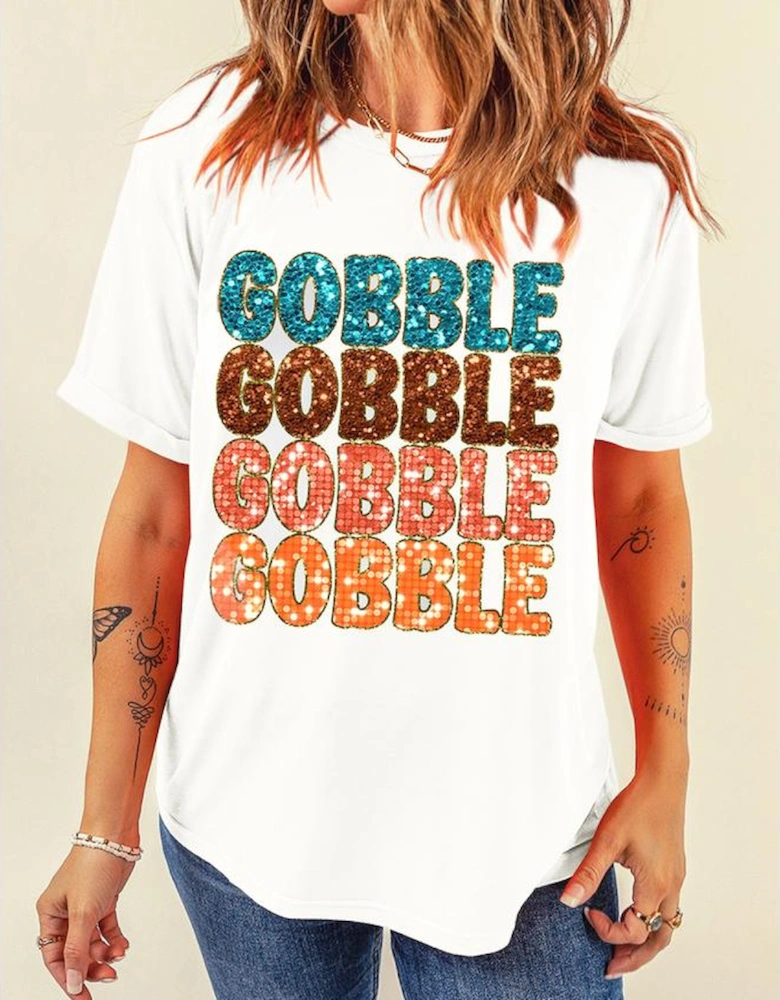 White Heat Transfer GOBBLE Graphic Crewneck Thanksgiving T Shirt