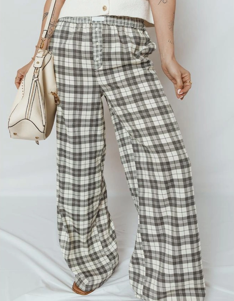 Gray Plaid Wide Leg Casual Pants