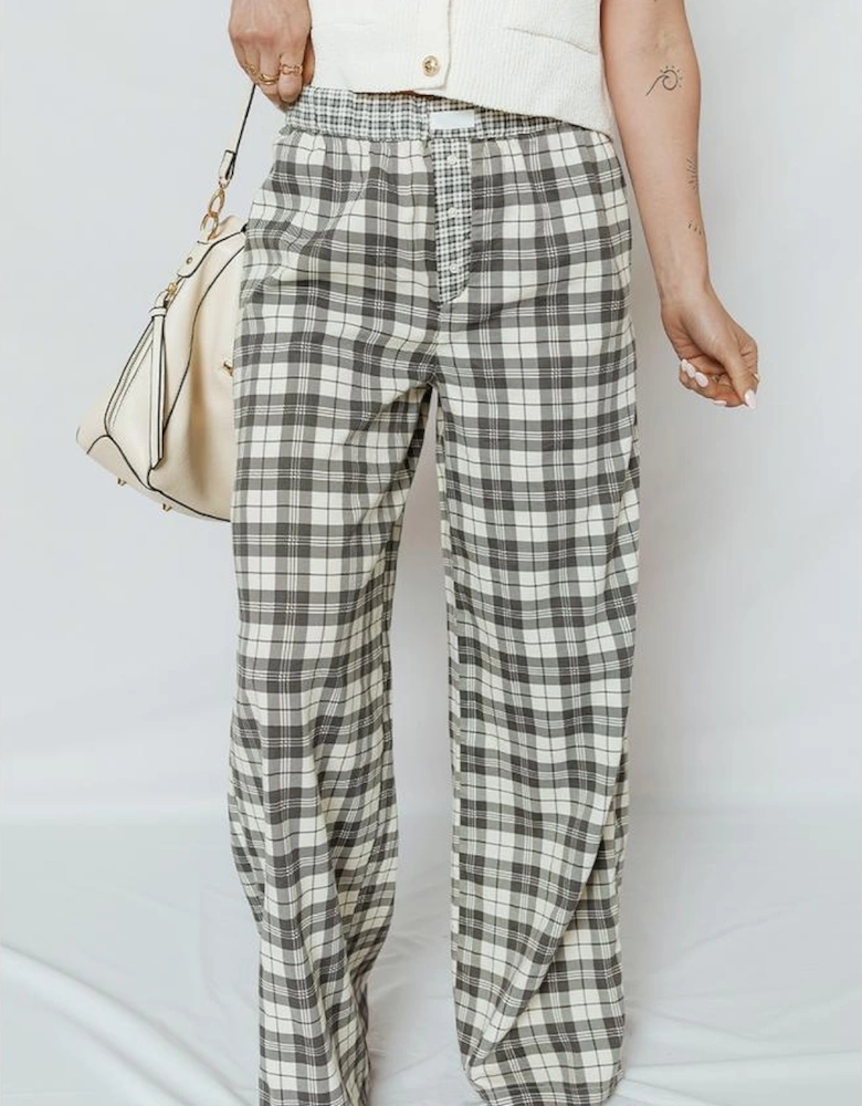 Gray Plaid Wide Leg Casual Pants