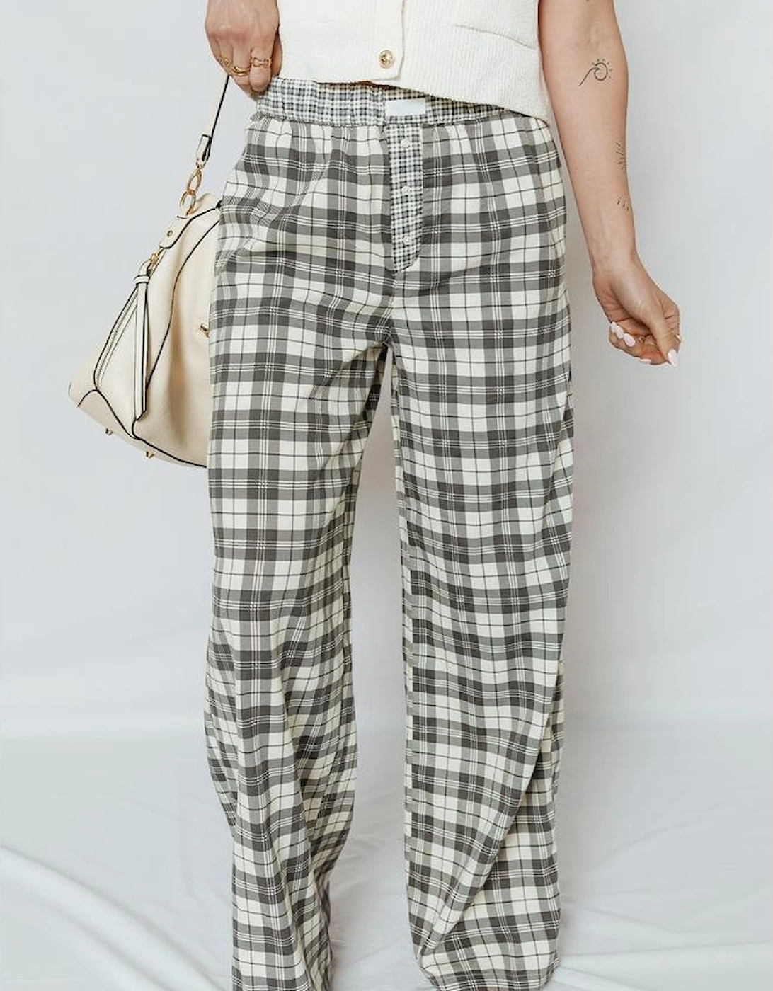 Gray Plaid Wide Leg Casual Pants