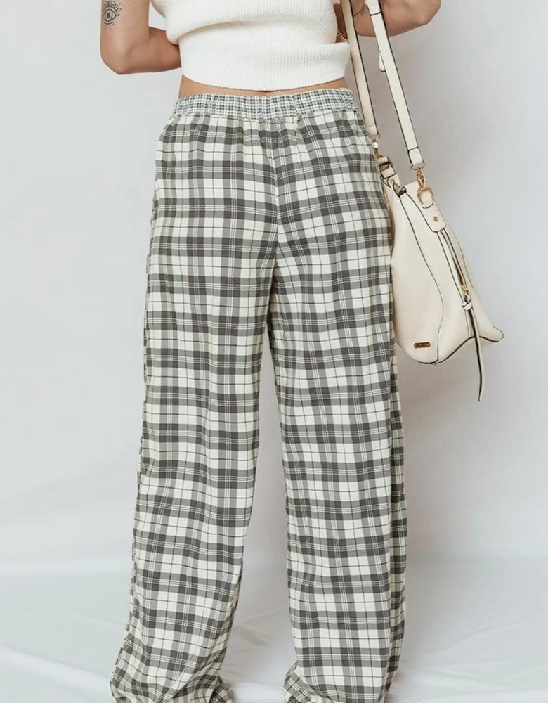 Gray Plaid Wide Leg Casual Pants