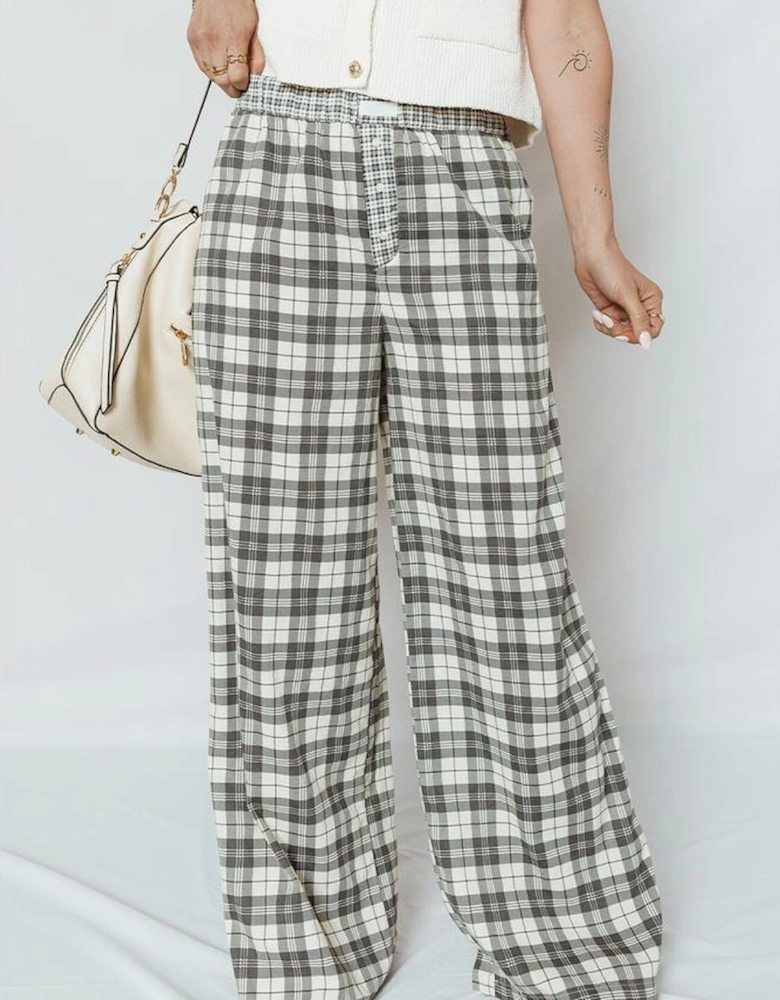 Gray Plaid Wide Leg Casual Pants