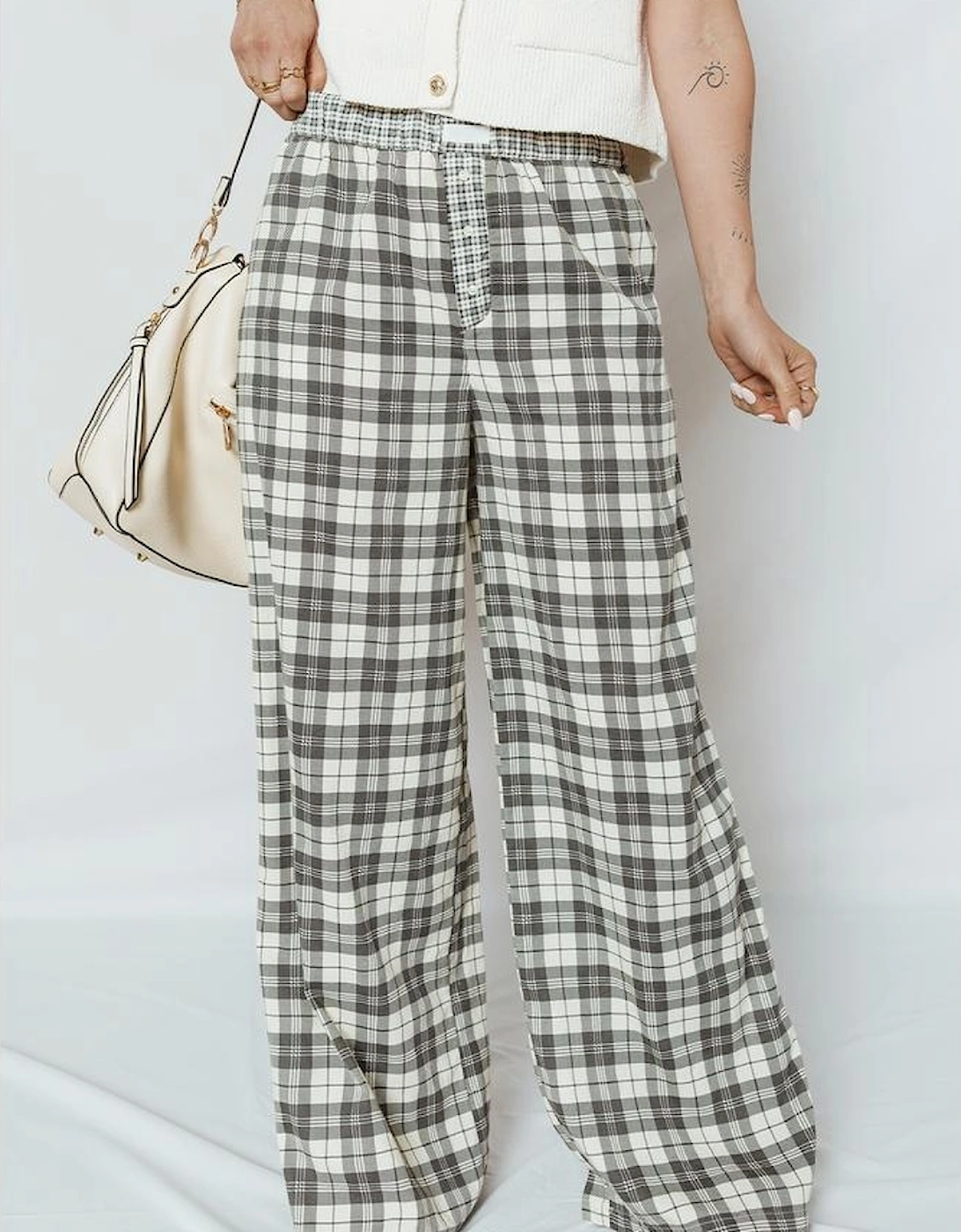Gray Plaid Wide Leg Casual Pants