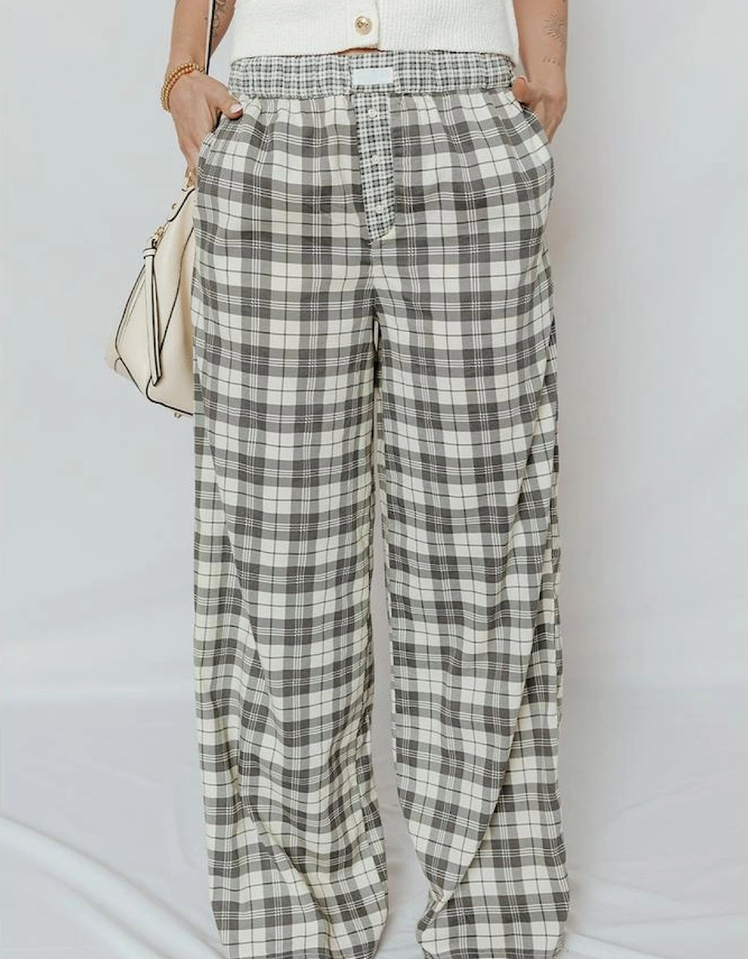 Gray Plaid Wide Leg Casual Pants