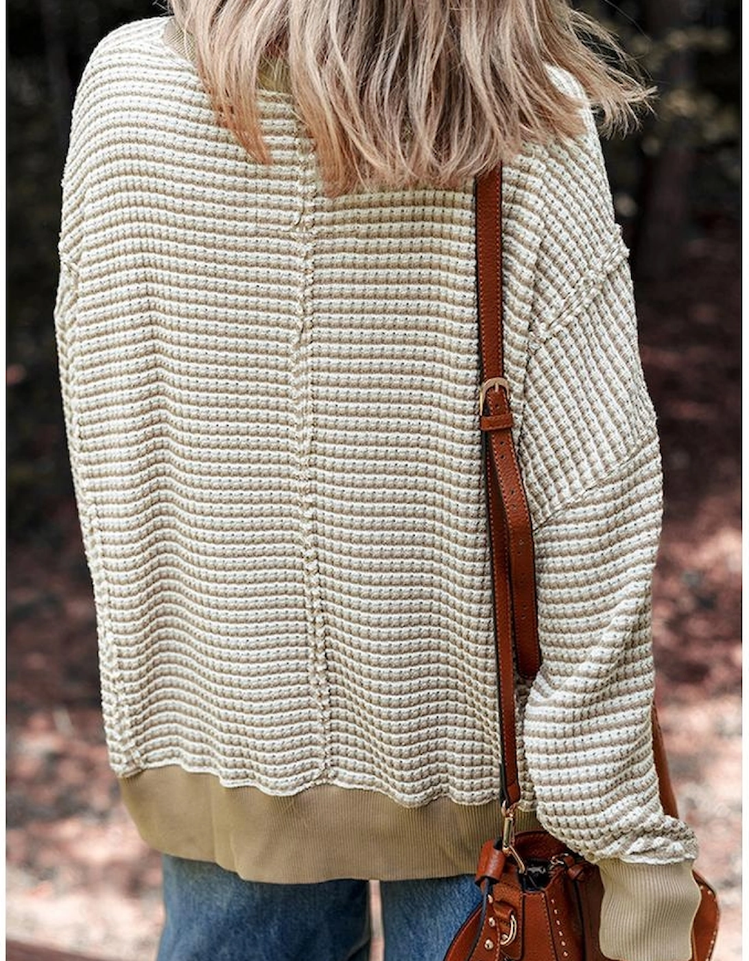 Brown Stripe Plus Size Breathable Knit Ribbed Trim Long Sleeve Top, 10 of 9