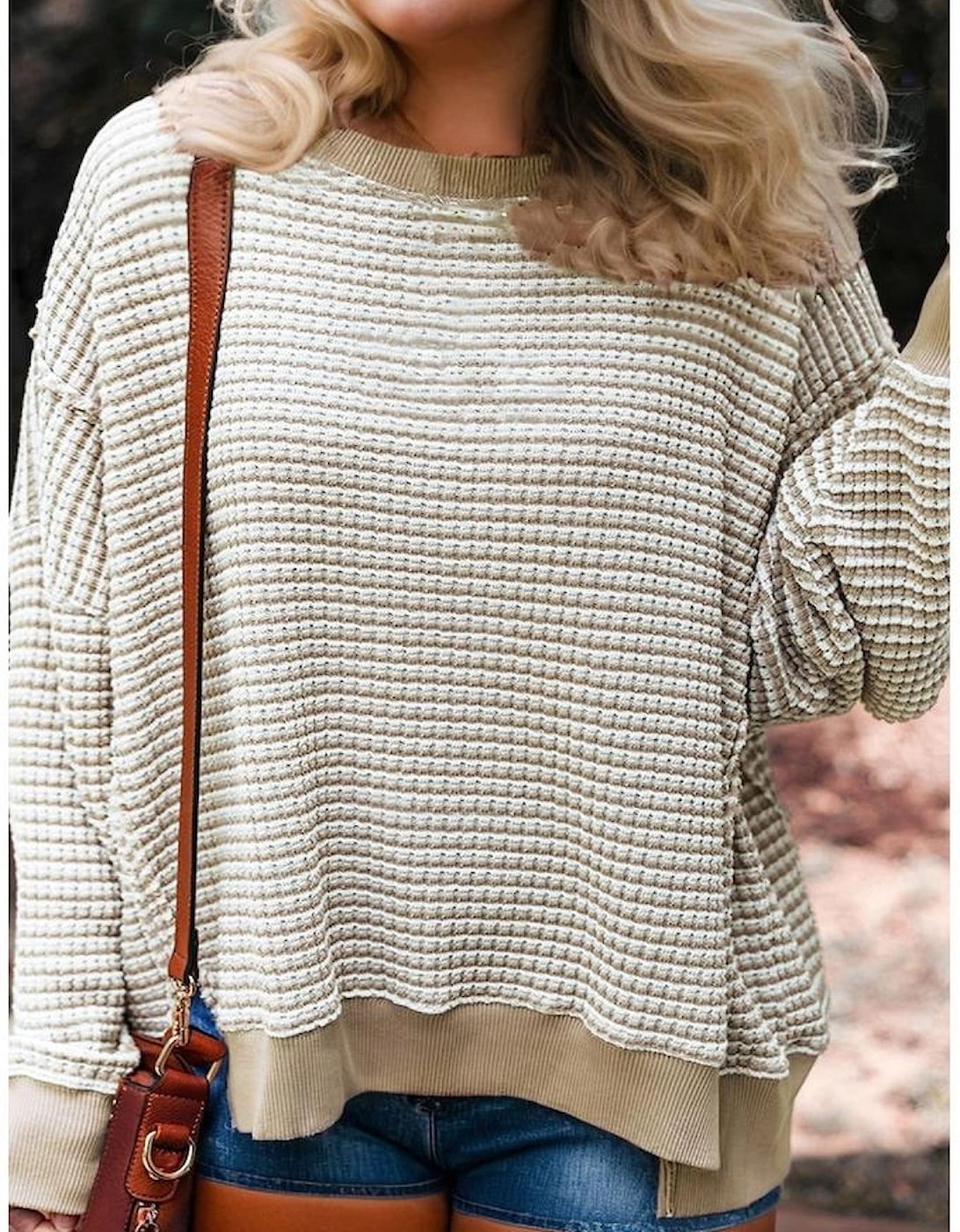 Brown Stripe Plus Size Breathable Knit Ribbed Trim Long Sleeve Top