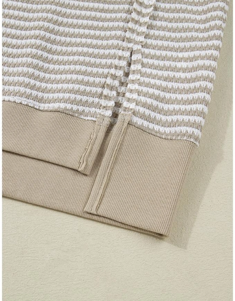 Brown Stripe Plus Size Breathable Knit Ribbed Trim Long Sleeve Top