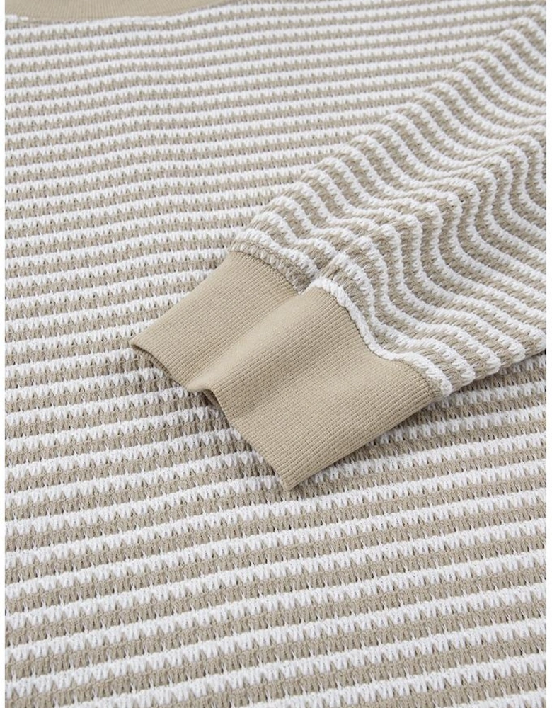 Brown Stripe Plus Size Breathable Knit Ribbed Trim Long Sleeve Top