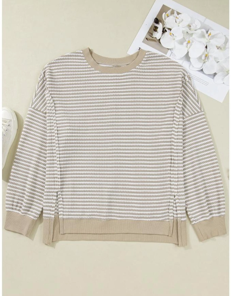 Brown Stripe Plus Size Breathable Knit Ribbed Trim Long Sleeve Top
