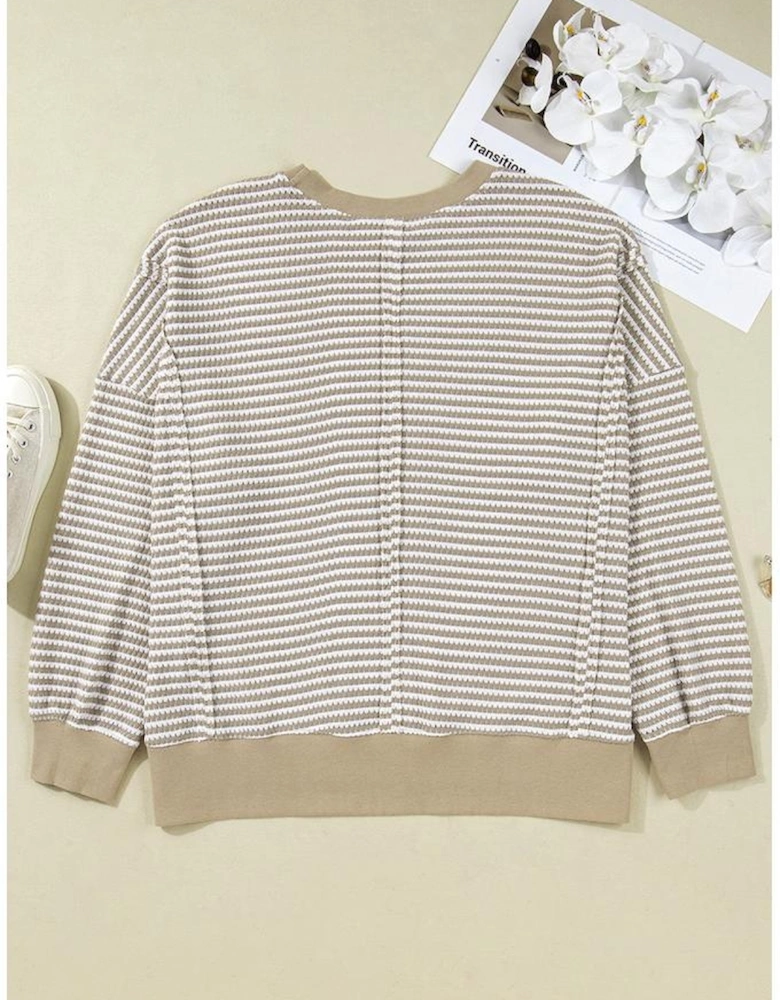 Brown Stripe Plus Size Breathable Knit Ribbed Trim Long Sleeve Top