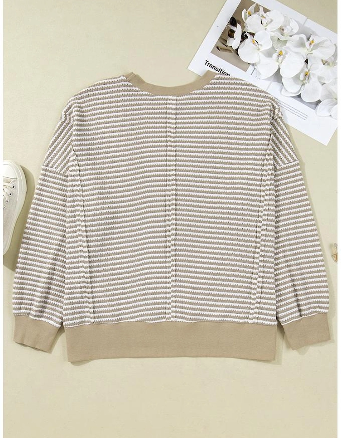 Brown Stripe Plus Size Breathable Knit Ribbed Trim Long Sleeve Top