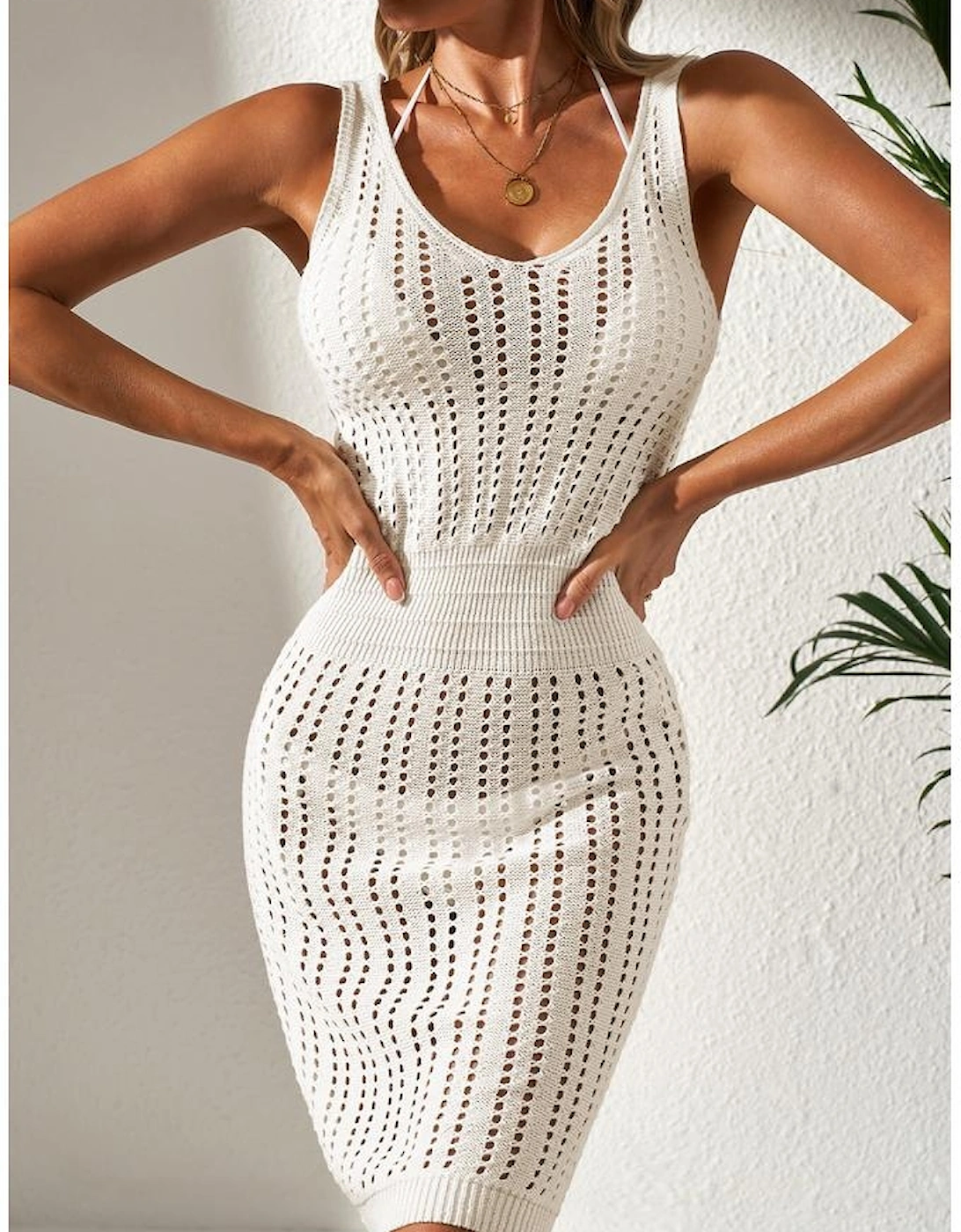 White Eyelet Crochet Sleeveless V Neck Beach Dress, 16 of 15