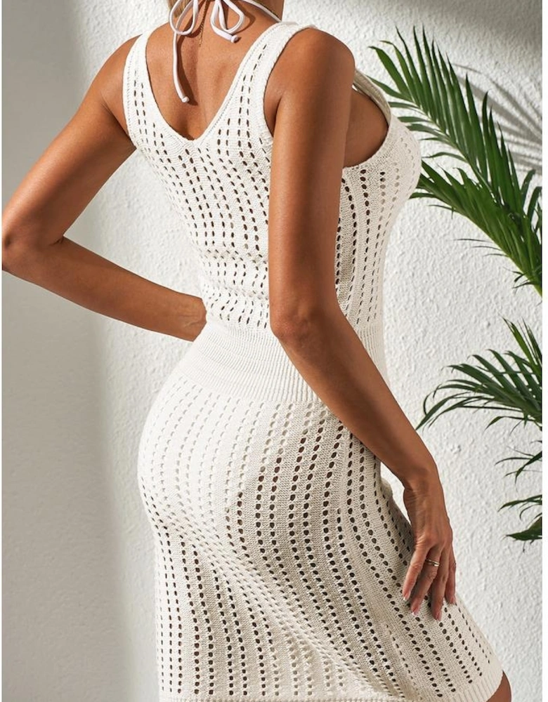 White Eyelet Crochet Sleeveless V Neck Beach Dress
