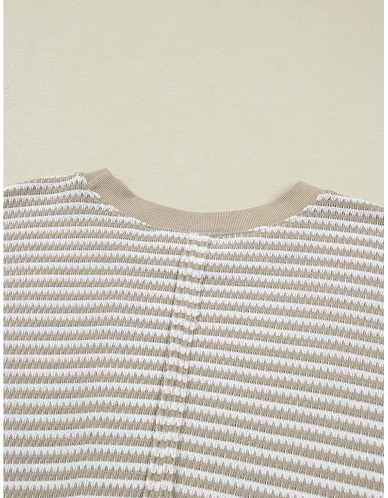 Brown Stripe Plus Size Breathable Knit Ribbed Trim Long Sleeve Top