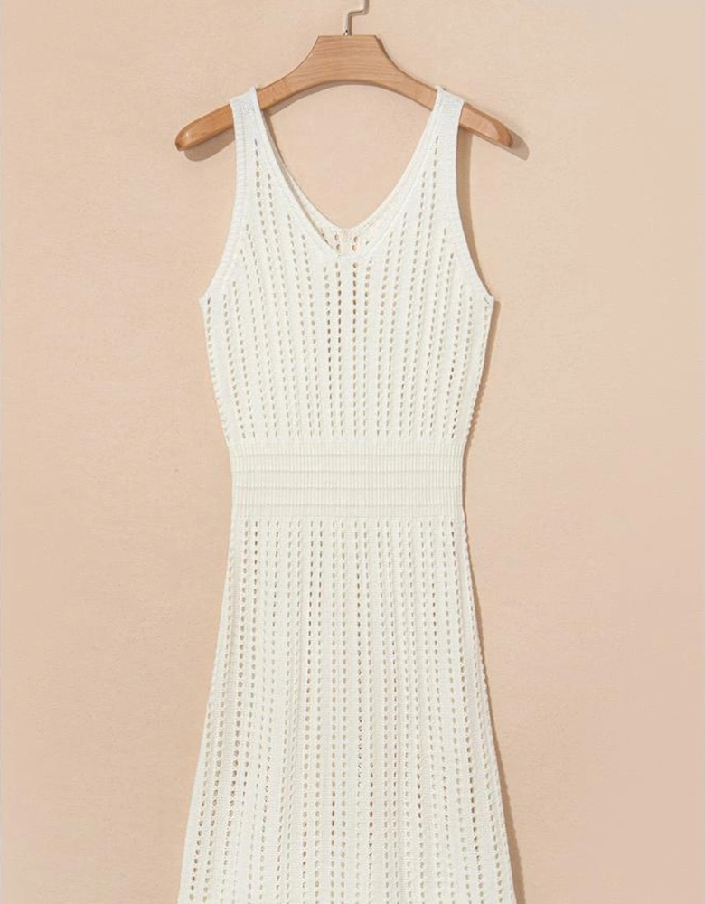White Eyelet Crochet Sleeveless V Neck Beach Dress
