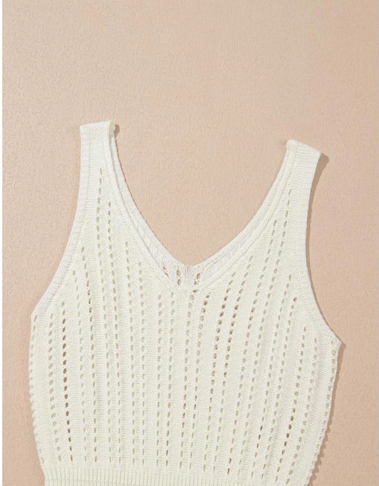 White Eyelet Crochet Sleeveless V Neck Beach Dress
