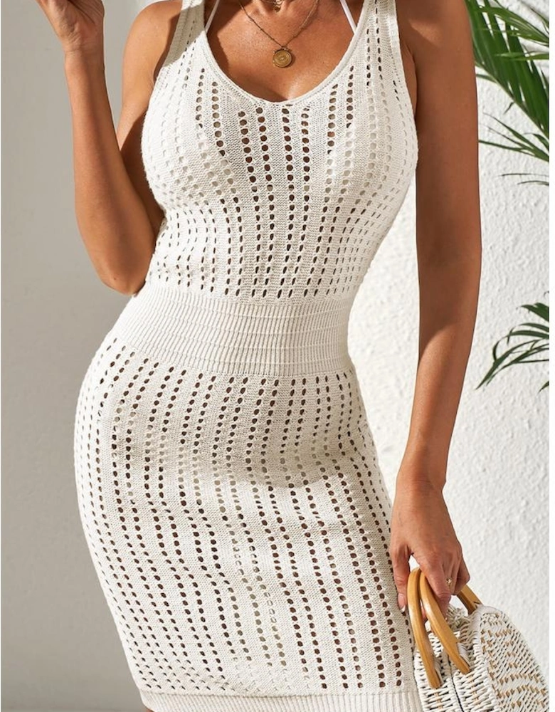 White Eyelet Crochet Sleeveless V Neck Beach Dress