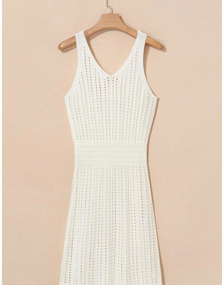 White Eyelet Crochet Sleeveless V Neck Beach Dress