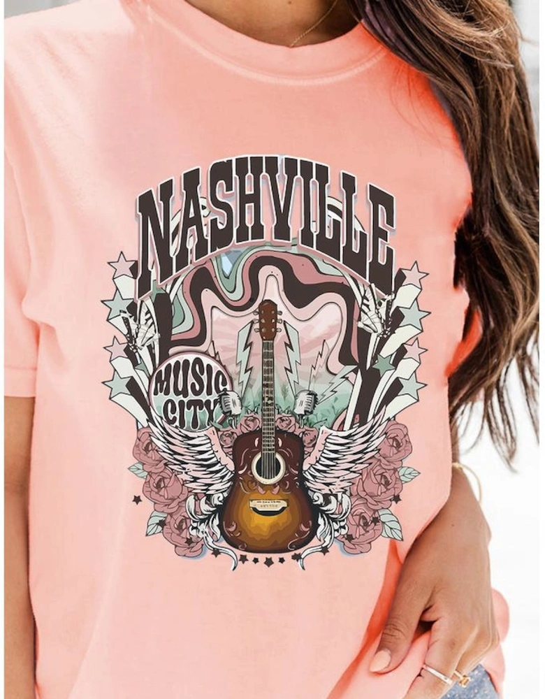 Pink NASHVILLE MUSIC CITY Guitar Graphic T Shirt