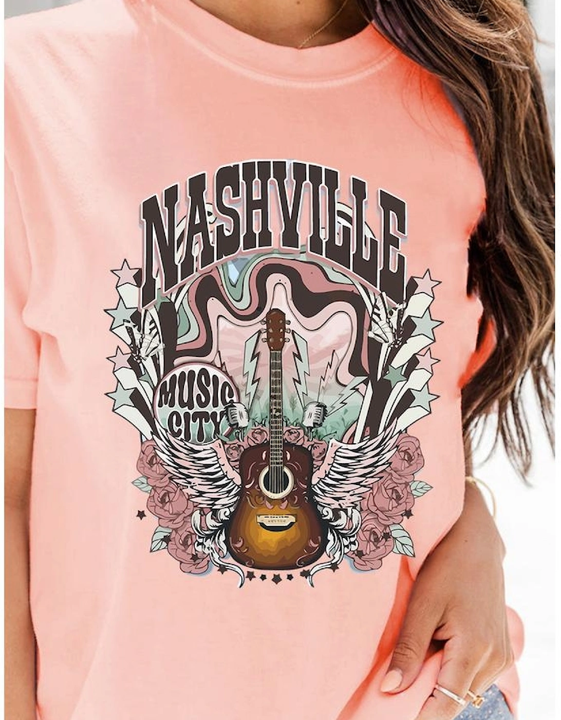 Pink NASHVILLE MUSIC CITY Guitar Graphic T Shirt
