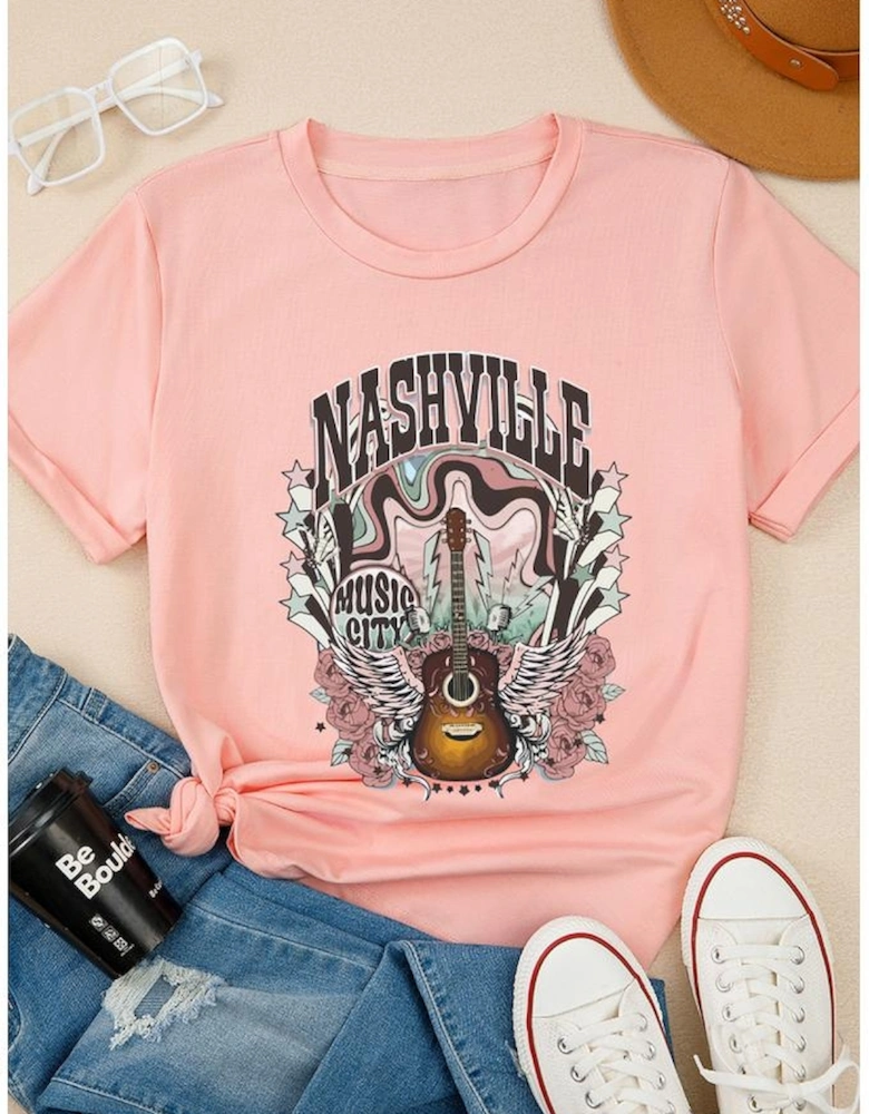 Pink NASHVILLE MUSIC CITY Guitar Graphic T Shirt