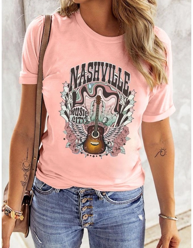 Pink NASHVILLE MUSIC CITY Guitar Graphic T Shirt