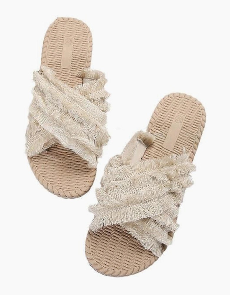 Beige Bohemian Cross Criss Tassel Slippers